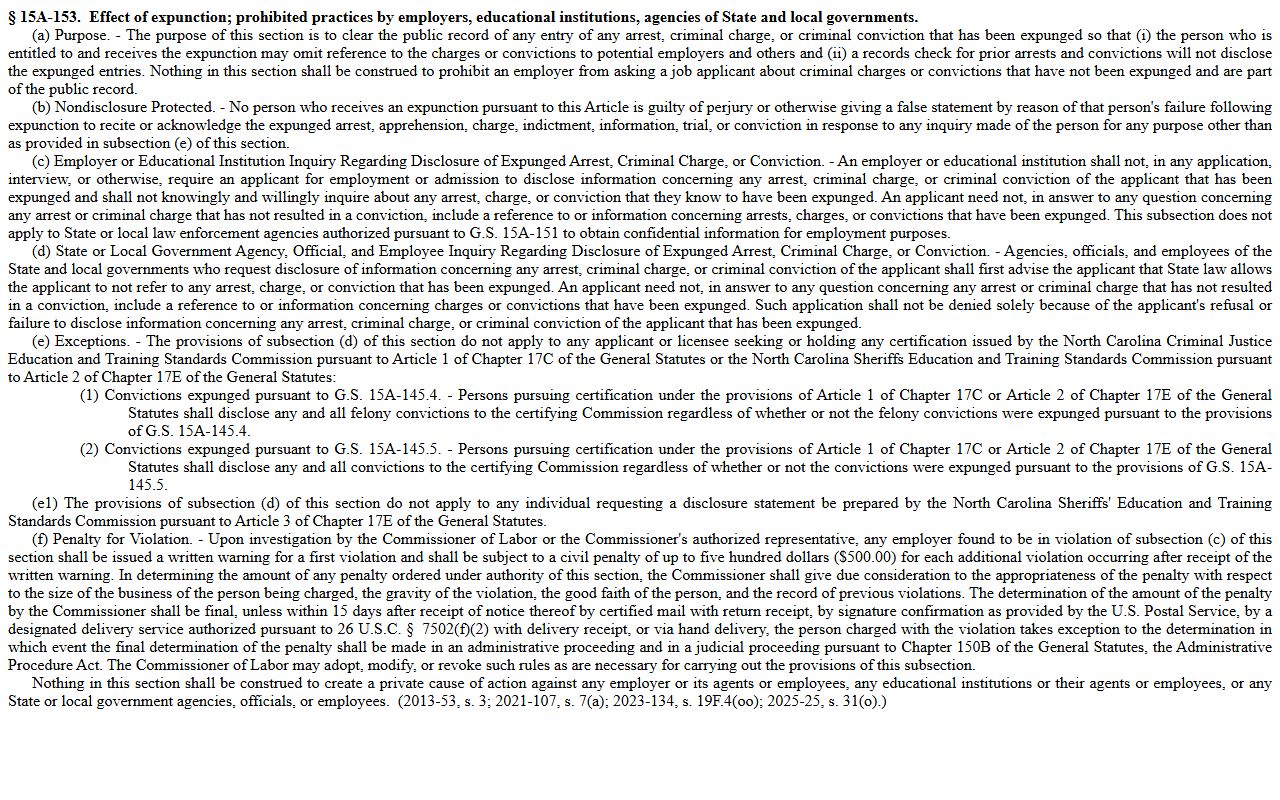 Rockingham County criminal court records G.S. 15A-153 expunction effect