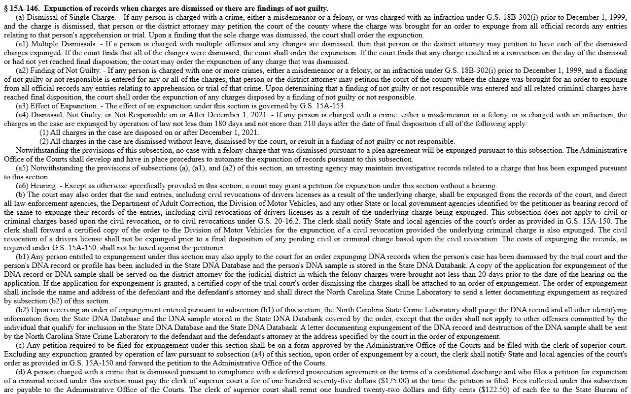 Rockingham County criminal court records G.S. 15A-146 dismissed charge expunction